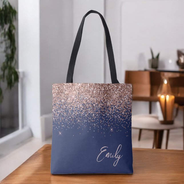 Navyblå Rosa Roséguld Glitter Monogram Tygkasse (Skapare uppladdad)