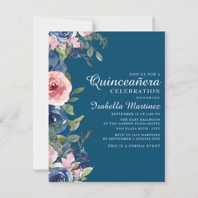Navyblå rosafärgad blomstergin Quinceañera Inbjudningar (Framsida)