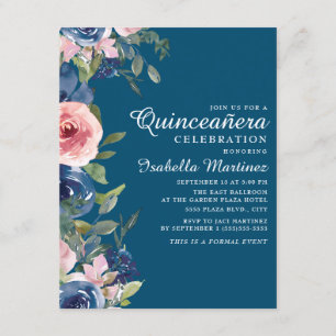 Navyblå rosafärgad blomstergin Quinceañera Inbjudningar
