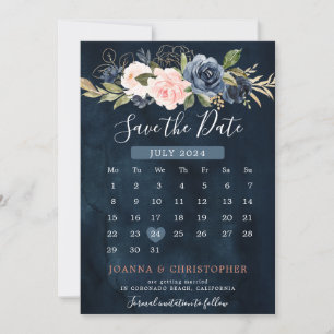 Navyblå rosafärgad ros Boho-kalender Spara Datumet