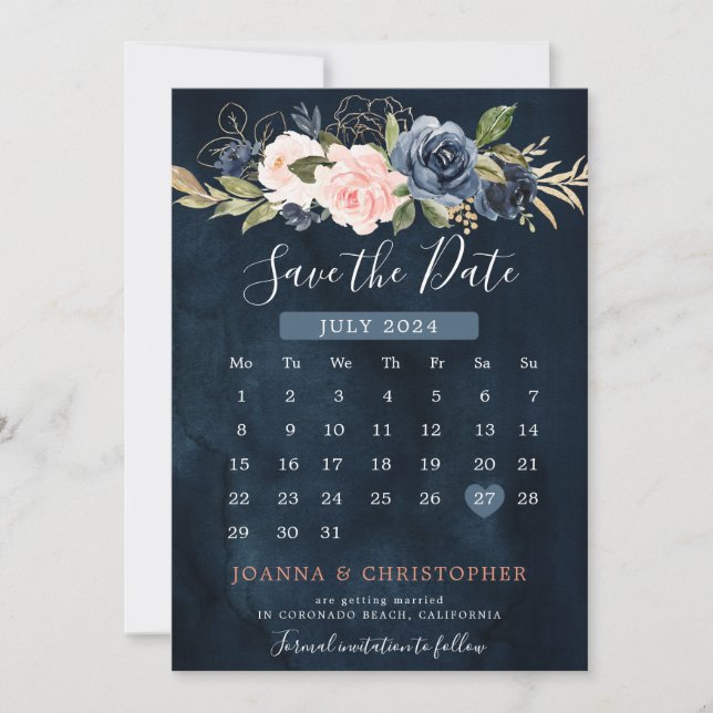 Navyblå rosafärgad ros Boho-kalender Spara Datumet (Framsida)