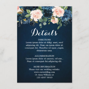 Navyblå rosafärgade rosor Boho bröllopsdetaljer Tilläggskort
