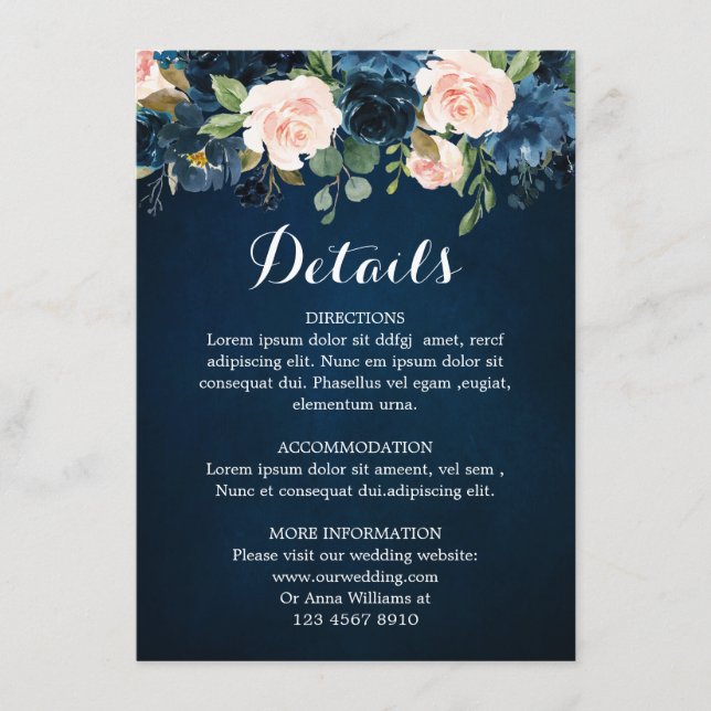 Navyblå rosafärgade rosor Boho bröllopsdetaljer Tilläggskort (Framsida)