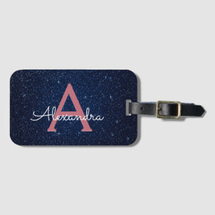 Navyblå & Roséguld Glitter Monogram Bagagebricka
