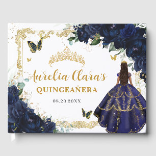 Navyblå Rosor Blommig Prinsessa Guld Quinceanera Gästböcker