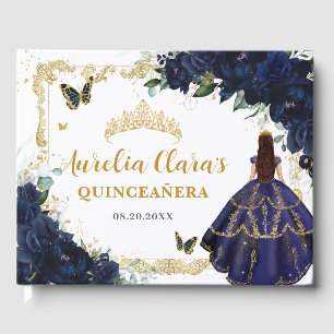 Navyblå rosor Blommig prinsessa Guld Quinceanera Gästböcker