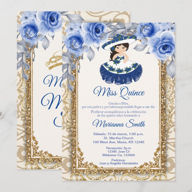 Navyblå rosor och guld Quinceañera inbjudan (Fram/baksida)