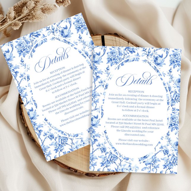 Navyblå Rosor Toile Bröllopsdetaljkortset Tilläggskort (Navy Blue Roses Toile Wedding Details Card Set)