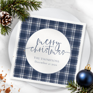 Navyblå rutig tartan namn datum God Jul Pappersservett