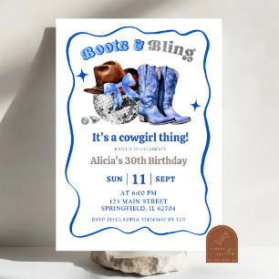 Navyblå rymdcowgirlstövlar och bling födelsedagsin inbjudningar