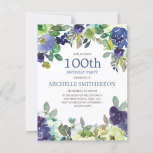 Navyblå Salvia Grön Blommig 100-års Födelsedagsfes Kort