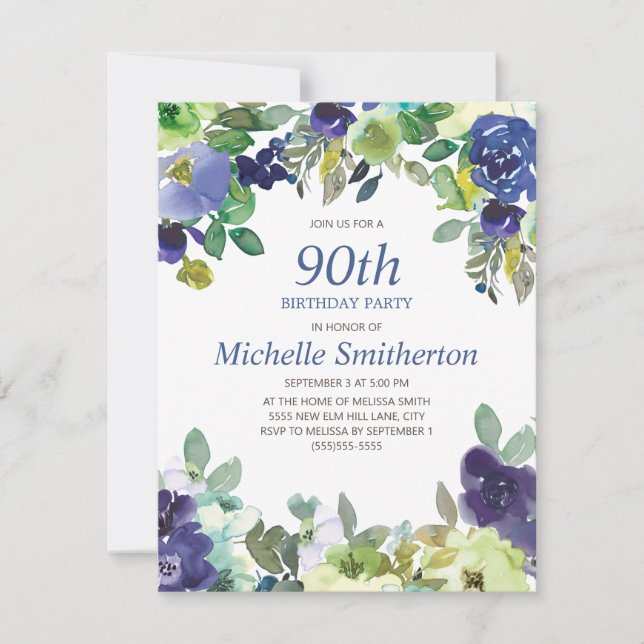 Navyblå Salvia Grön Blommig 90-års Födelsedagsfest Kort (Framsida)