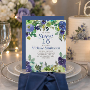 Navyblå Salvia Grön Blommig Sweet 16 Födelsedag Kort