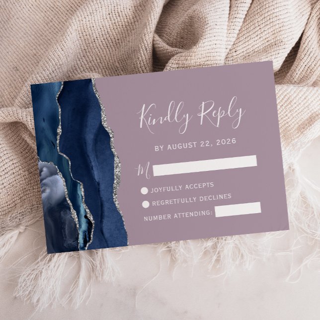 Navyblå Silver Agat Mauve Bröllops-RSVP-kort OSA Kort (Skapare uppladdad)