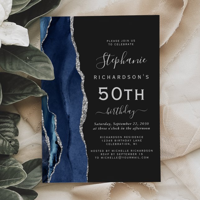 Navyblå Silver Agat Mörk 50-års Födelsedagsfest Inbjudningar (Skapare uppladdad)