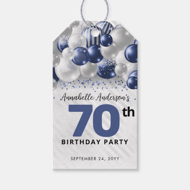 Navyblå Silver Ballong Glitter Favor Födelsedag Presentetikett (Framsidan)