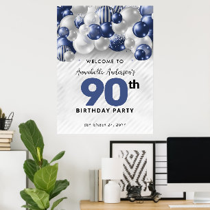 Navyblå Silver Ballong Välkommen 90-årsdag Poster