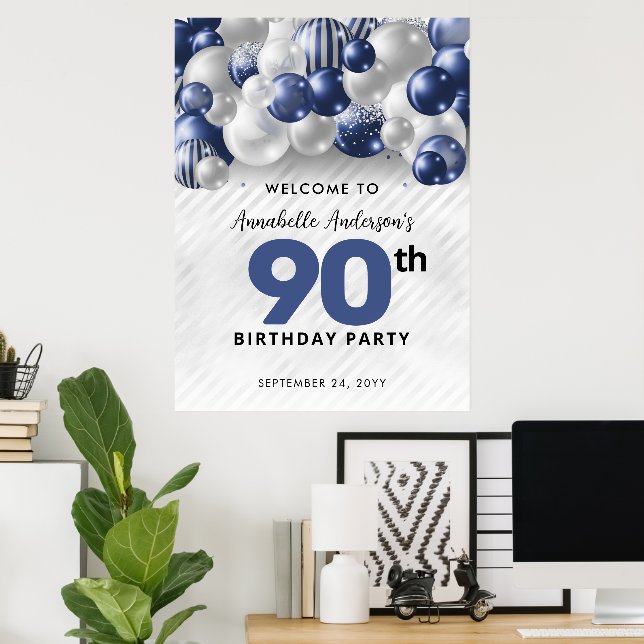 Navyblå Silver Ballong Välkommen 90-årsdag Poster (Hemmakontoret)