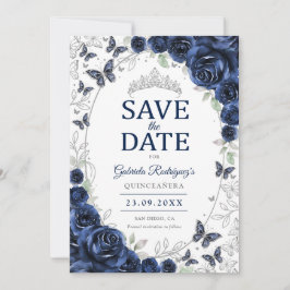 Navyblå Silver Blommig Quinceanera Spara Datumet