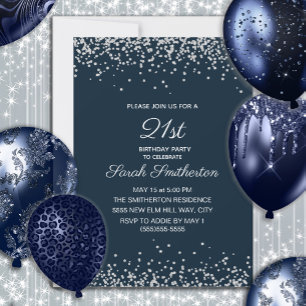 Navyblå Silver Diamant Glitter 21-årsfirande Inbjudningar