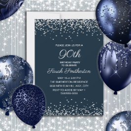 Navyblå Silver Diamant Glitter 90-årsdag Inbjudningar