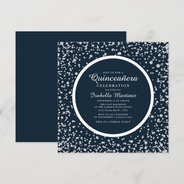 Navyblå Silver Diamant Glitter Quinceañera Inbjudningar (Fram/baksida)