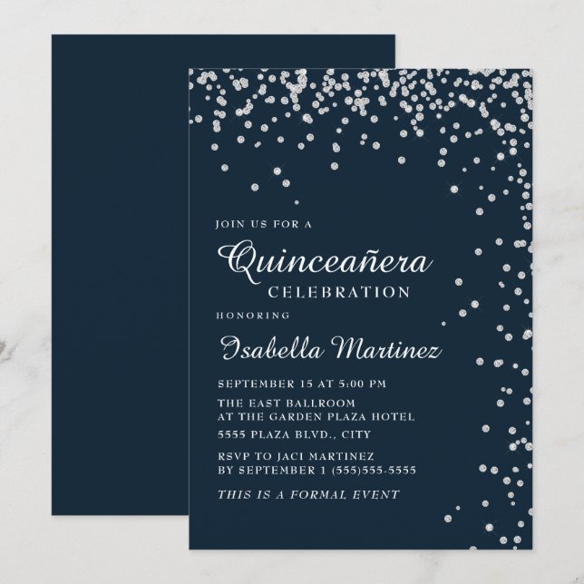 Navyblå Silver Diamantkonfetti Quinceañera Inbjudningar (Fram/baksida)