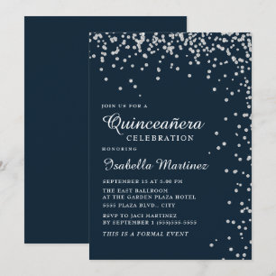 Navyblå Silver Diamantkonfetti Quinceañera Inbjudningar