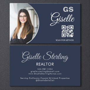 Navyblå Silver Foto Monogram Realtor QR-kod Visitkort
