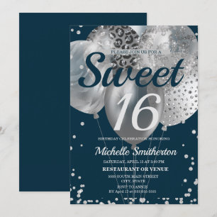Navyblå Silver Glitter Ballong Sweet 16 Födelsedag Kort