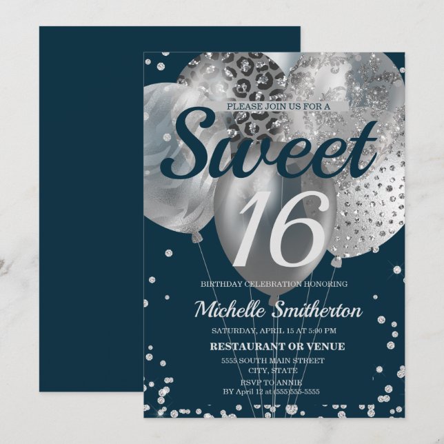 Navyblå Silver Glitter Ballong Sweet 16 Födelsedag Kort (Fram/baksida)