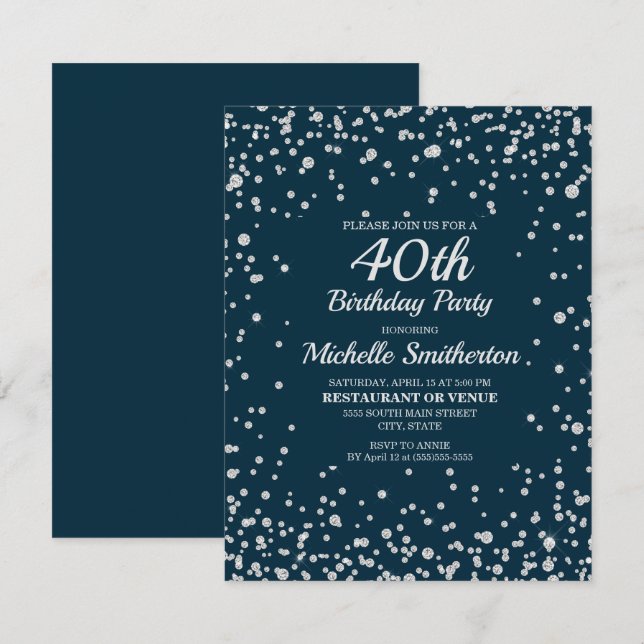 Navyblå Silver Glitter Kvinnor 40-årsdag Kort (Fram/baksida)