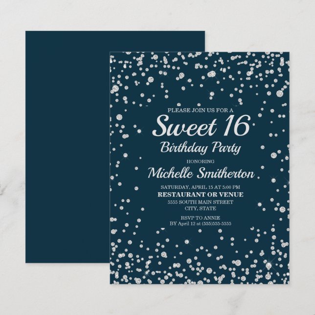 Navyblå Silver Glitter Sweet 16 Födelsedag Kort (Fram/baksida)