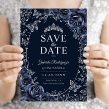 Navyblå Silver Quinceanera Blommig