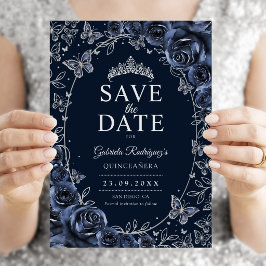 Navyblå Silver Quinceanera Blommig Spara Datumet