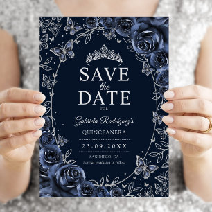 Navyblå Silver Quinceanera Blommig Spara Datumet