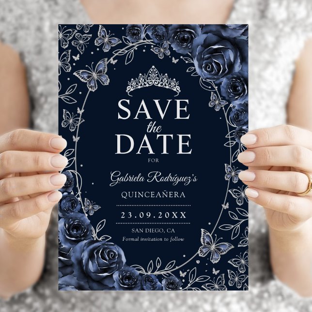 Navyblå Silver Quinceanera Blommig Spara Datumet (Skapare uppladdad)