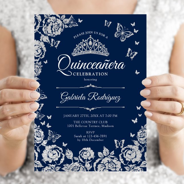 Navyblå Silver Rosor Fjärilar Quinceanera Inbjudningar (Skapare uppladdad)