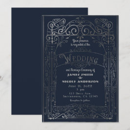 Navyblå & Silver Vintage Viktoriansk Deco Bröllop Inbjudningar