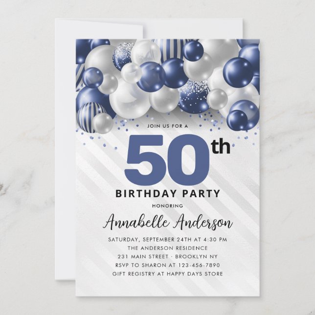 Navyblå Silverballong Glitter 50-årsdag Inbjudningar (Framsida)