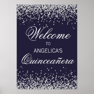 Navyblå silverglitter Quinceañera välkomstskylt Poster