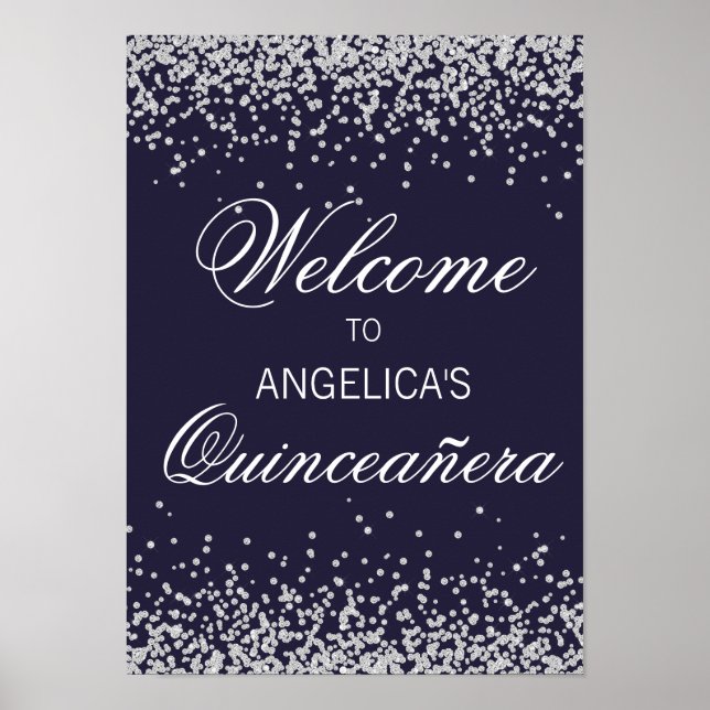 Navyblå silverglitter Quinceañera välkomstskylt Poster (Framsidan)