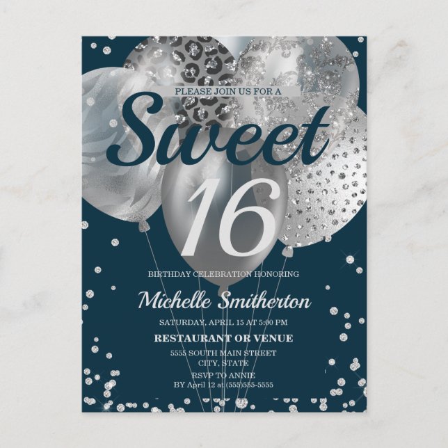 Navyblå Silverglittrande Ballonger Sweet 16 Vykort (Framsida)