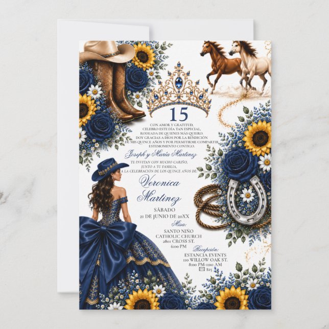 Navyblå Solros Vaquera Quinceañera Inbjudan (Framsida)