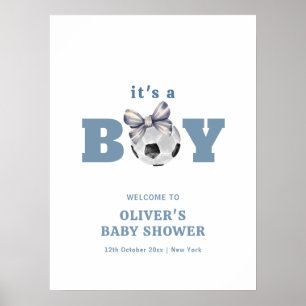 Navyblå Söt Båge Fotboll Pojke Baby Shower Välkomm Poster