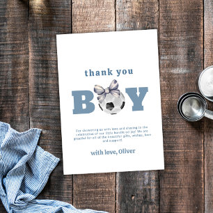 Navyblå söt modern båge fotboll pojke baby shower tack kort