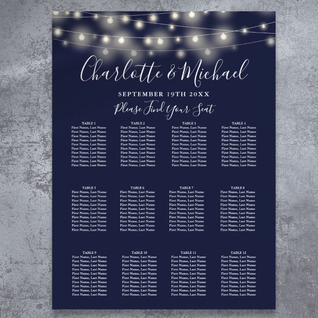 Navyblå strängljus bröllopsplatskarta poster (Navy Blue String Lights Wedding Seating Chart)