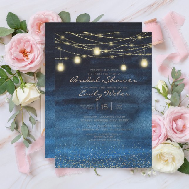 Navyblå strängljus lykta bröllopsdusch inbjudningar (Navy blue and gold string lights bridal shower invitation)