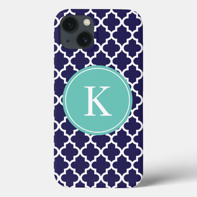 Navyblå Teal Marockansk Mönster Monogram (Baksida)