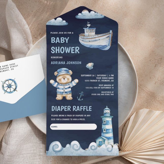 Navyblå Teddysjöfart Fartyget Bebis Babyshower (Skapare uppladdad)
